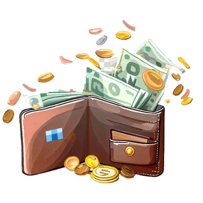 Una cartera con billetes y monedas