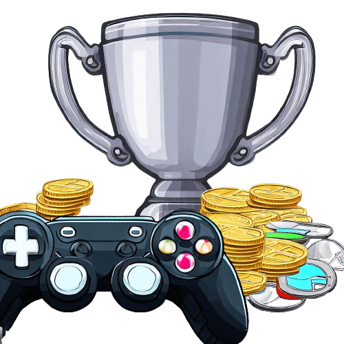Un mando de juegos virtuales, una taza y monedas de plata