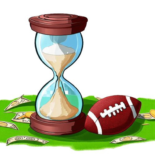 Un reloj de arena junto a un balón de fútbol americano