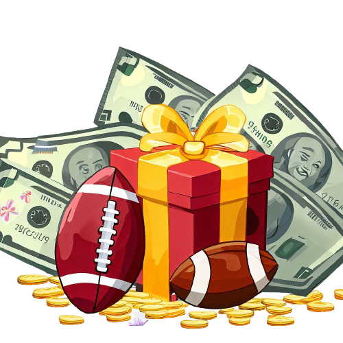 Envoltorio de regalo, dos balones de fútbol americano, monedas y billetes