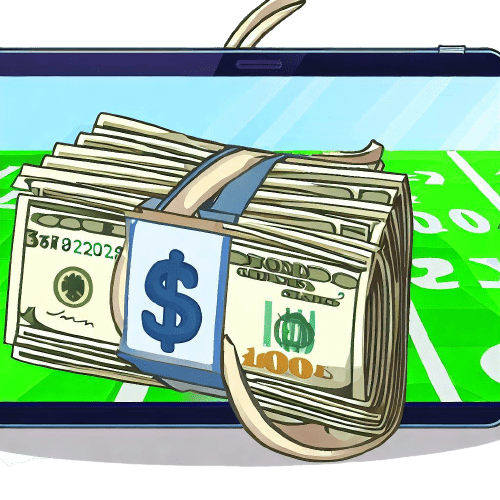 Dinero en efectivo y un teléfono que muestra un campo de fútbol
