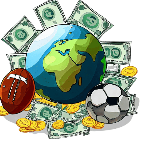 Un globo rodeado de dos balones, monedas y billetes