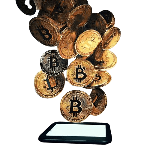 Un teléfono del que salen bitcoins